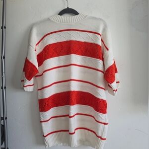 Cream and Red Striped Openwork Crewneck Sweater
